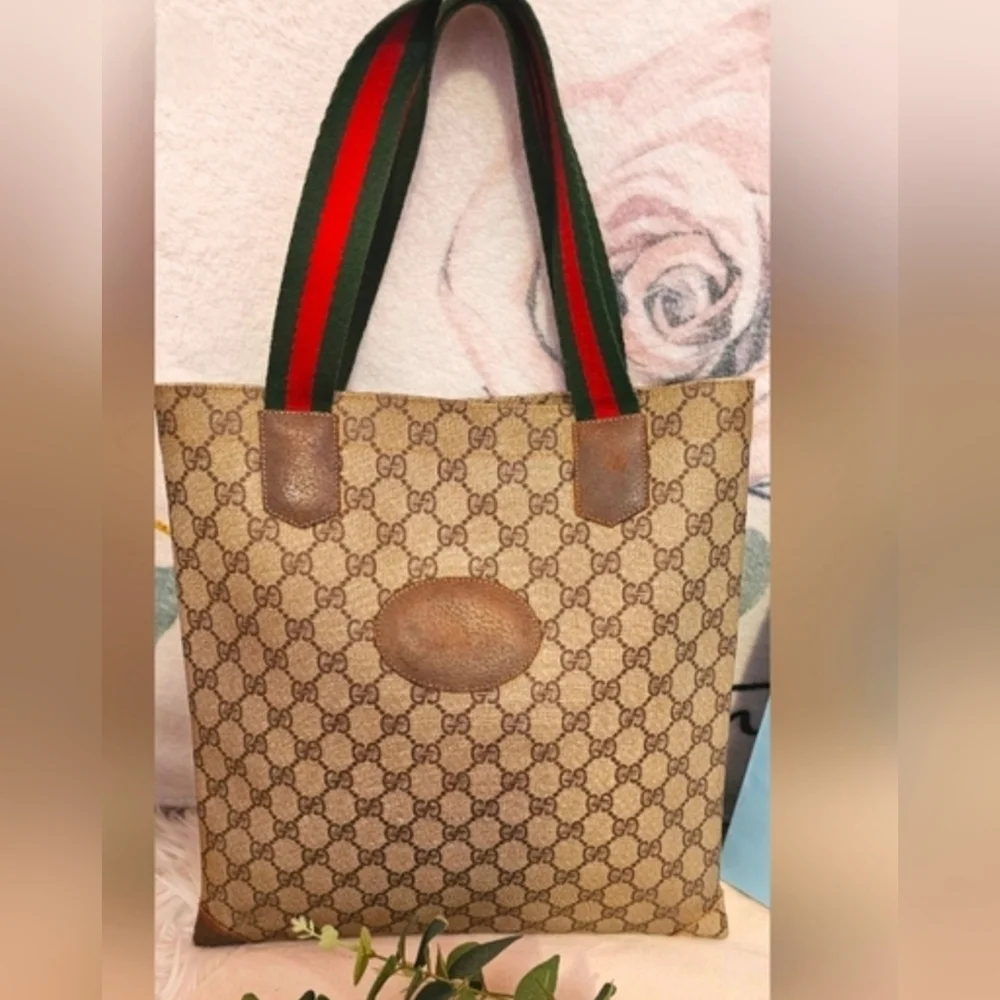 Gucci Beige and Brown Tote Bag with Red and Green Straps GUC - Picture 1 of 16